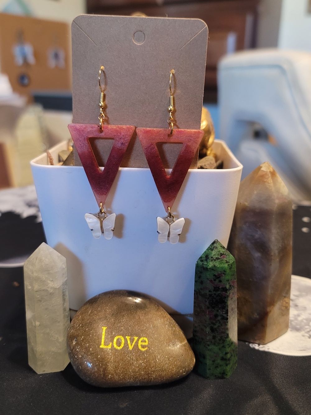 Handcrafted Pink Triangle Earrings with White Butterfly Charm